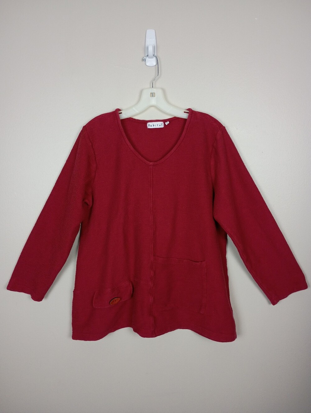 Habitat Women's Medium Red Ribbed V-Neck Tunic Top Front Pockets 100% Cotton